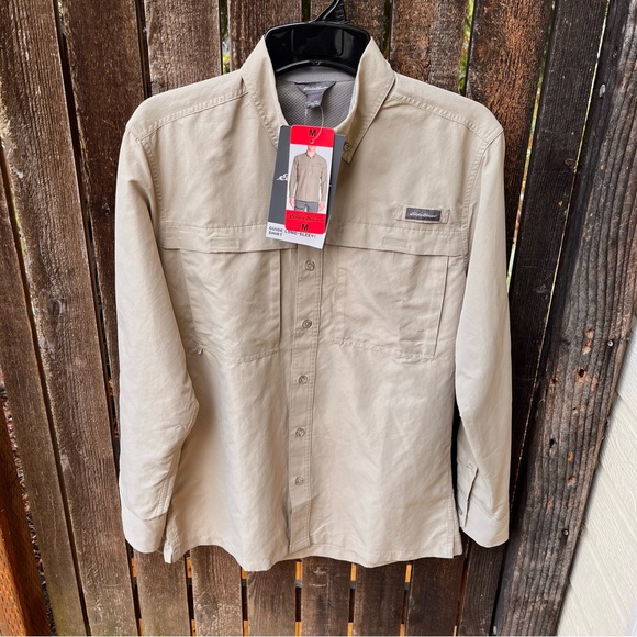 Eddie Bauer Men’s Guide Long Sleeve Rip Stop Button Down Shirt NWT In Beige Sz M - Picture 11 of 16